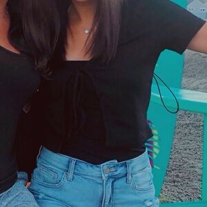 SHEIN Black Front Tie Short Sleeve Shirt